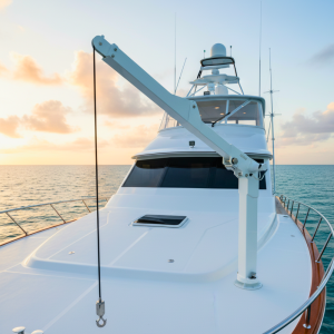 Aquacranes bifold davit in its extended, open position on the bow of a game fishing boat, ready for lifting a tender or gear, with a clear blue ocean background