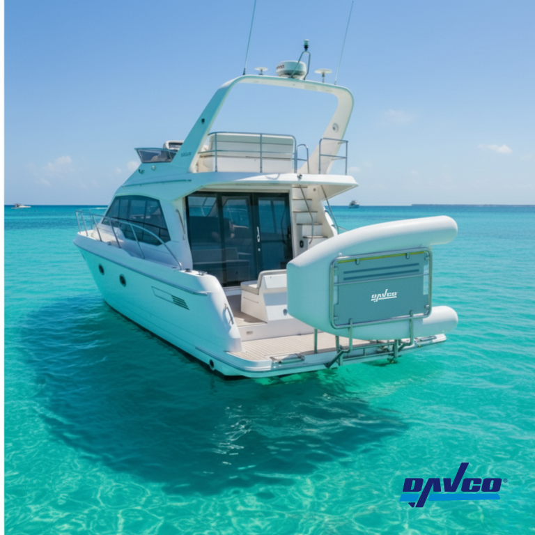 Aquatenderdeck boat lift with tender securely mounted on transom platform.