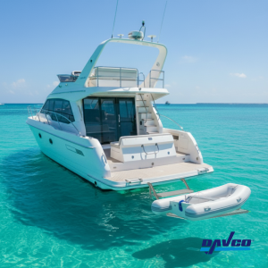 Aquatenderdeck tender lift submerged with tender ready for easy launch.