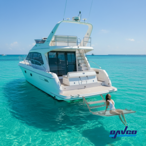 Woman relaxing comfortably on the submerged Aquatenderdeck platform in turquoise water.