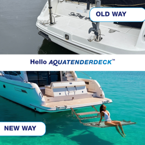 Side-by-side comparison: (left) old boat with clunky snap davits; (right) modern boat with sleek Aquatenderdeck in submerged platform mode.