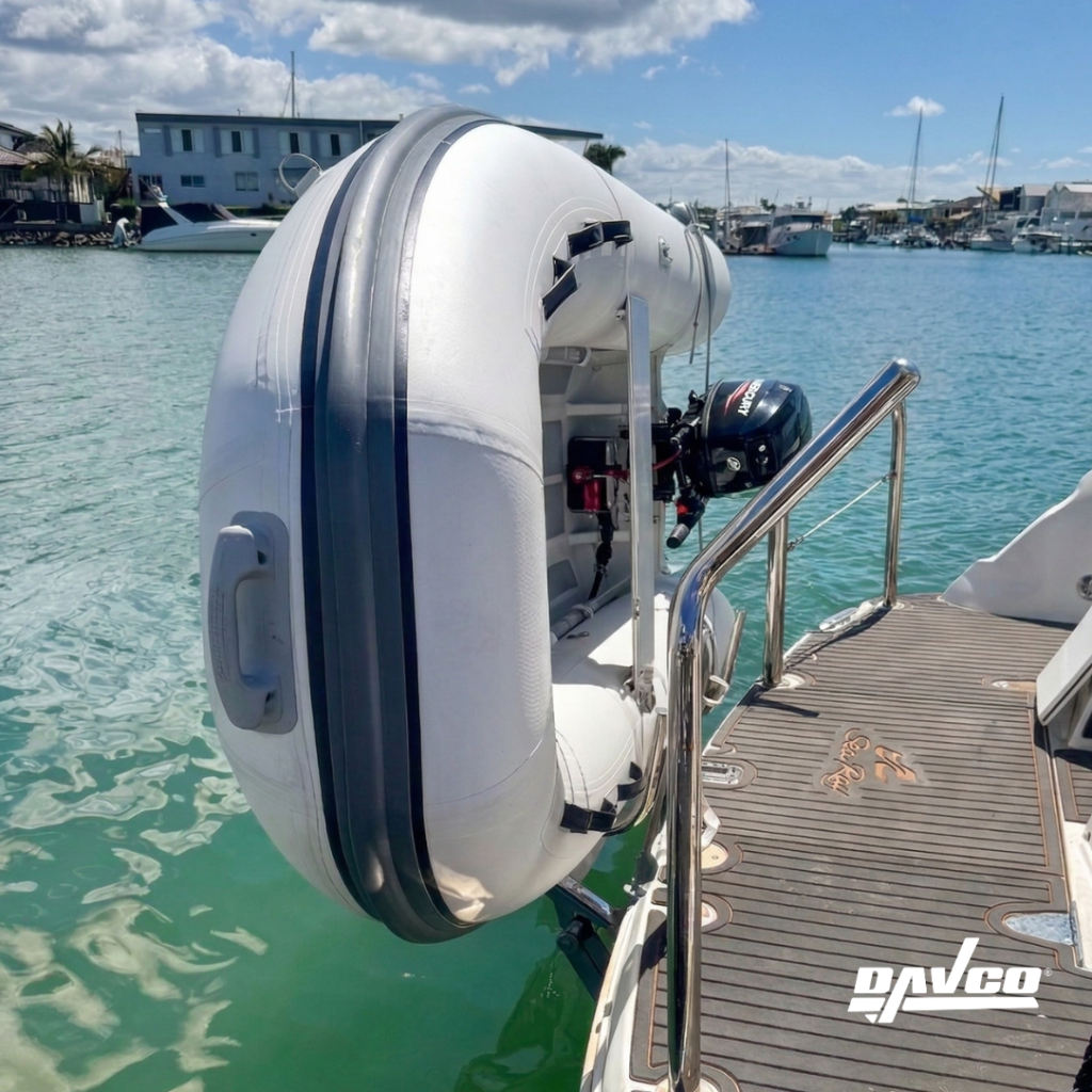 A clear and expansive boat stern with the Aquatenderdeck deployed, showing no clunky hardware.